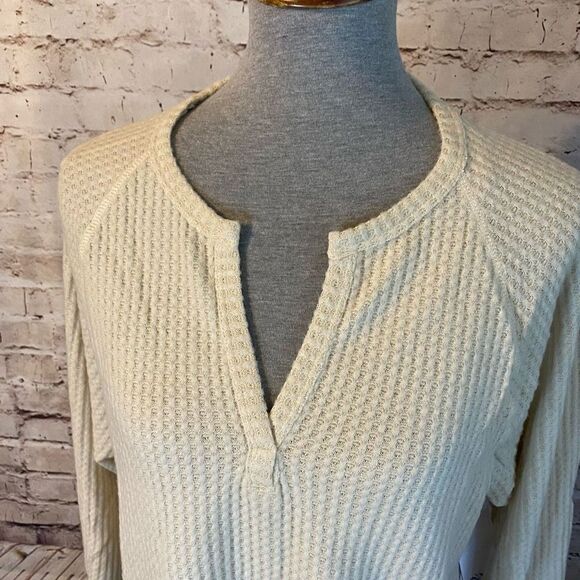 Abound Womens Tan Boulder Notch Neck Waffle Knit Raglan Long Sleeve Top Small - Picture 2 of 7